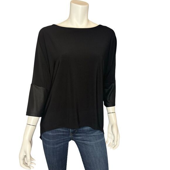 CLARA SUN WOO Size L Black 3/4 Dolman Sleeve Top Faux Leather Trim Minimalist - Picture 1 of 8